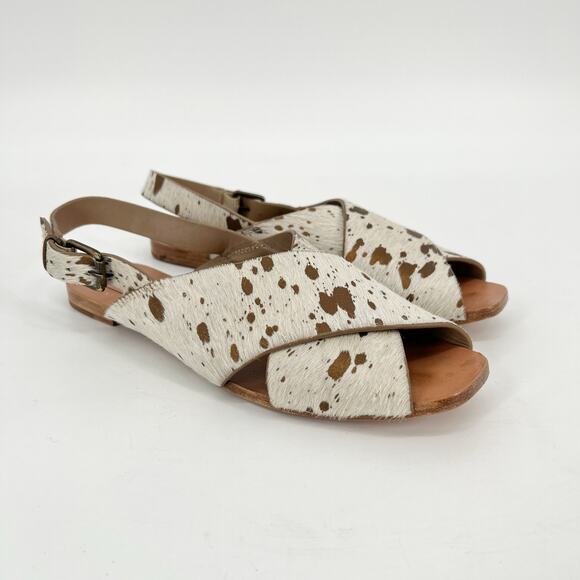 Either/Or Shoes - Either Or Crossband Calf Hair Sandals Womens 8 White Tan Animal Print Sling Back